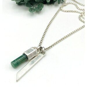 Silver Necklace With Green Gemstone Pendant & Bar Charm by Zara